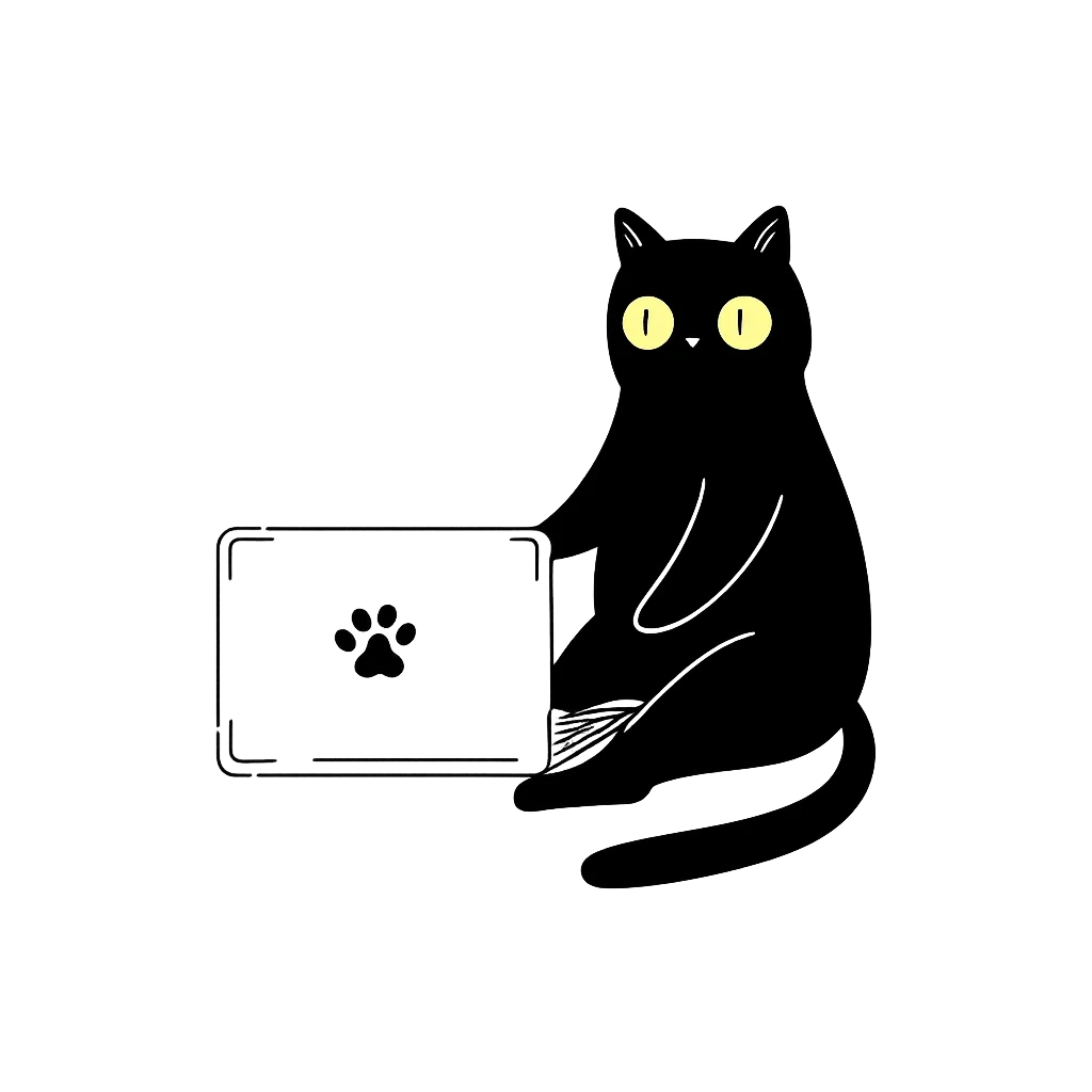 Black cat with a laptop